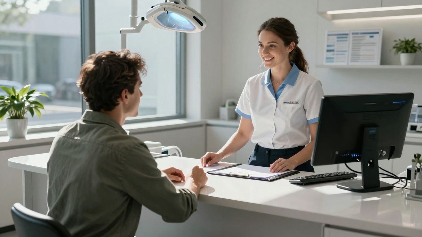 Dental office receptionist using AI technology
