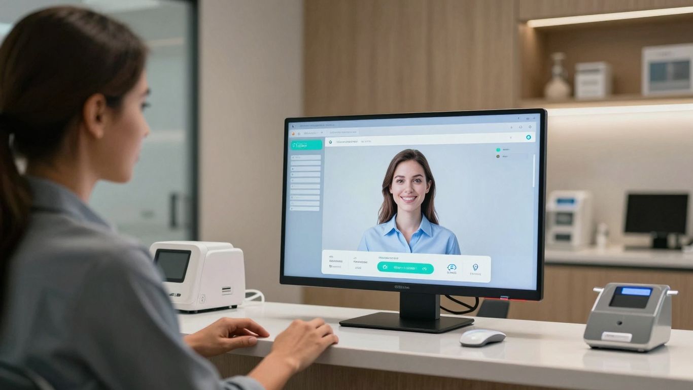 AI receptionist interface in a modern dental office.