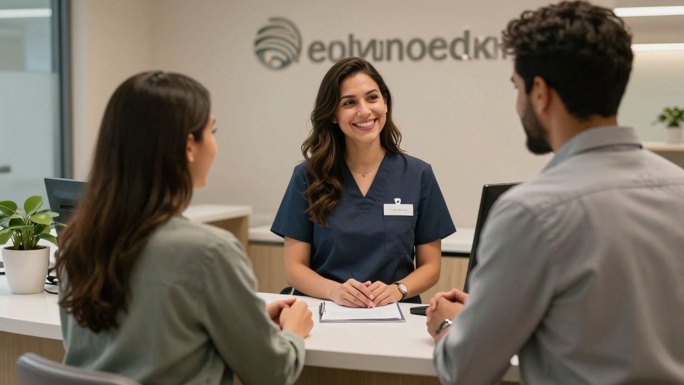 Dental receptionist assisting a patient at the front desk.