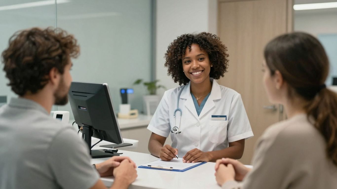 Dental office reception with AI receptionist and patient.