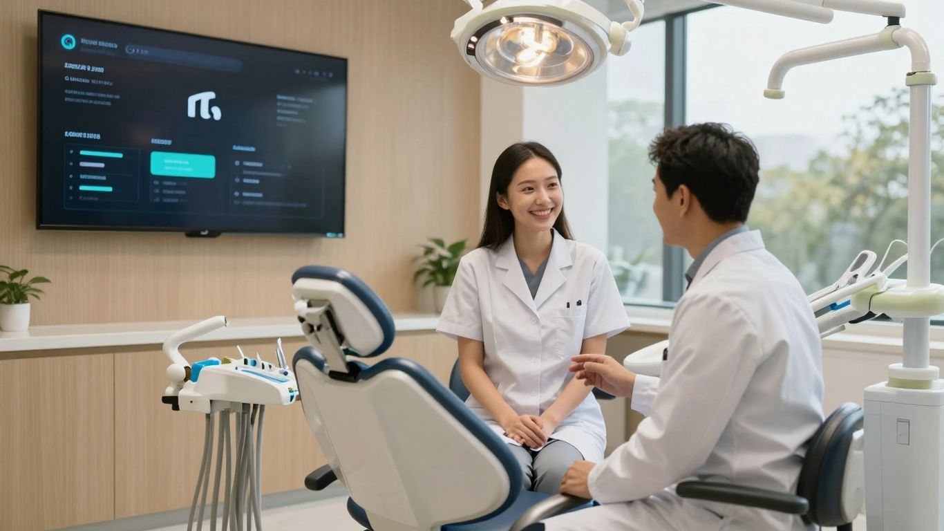 AI receptionist assisting dentist and patient in modern dental office.