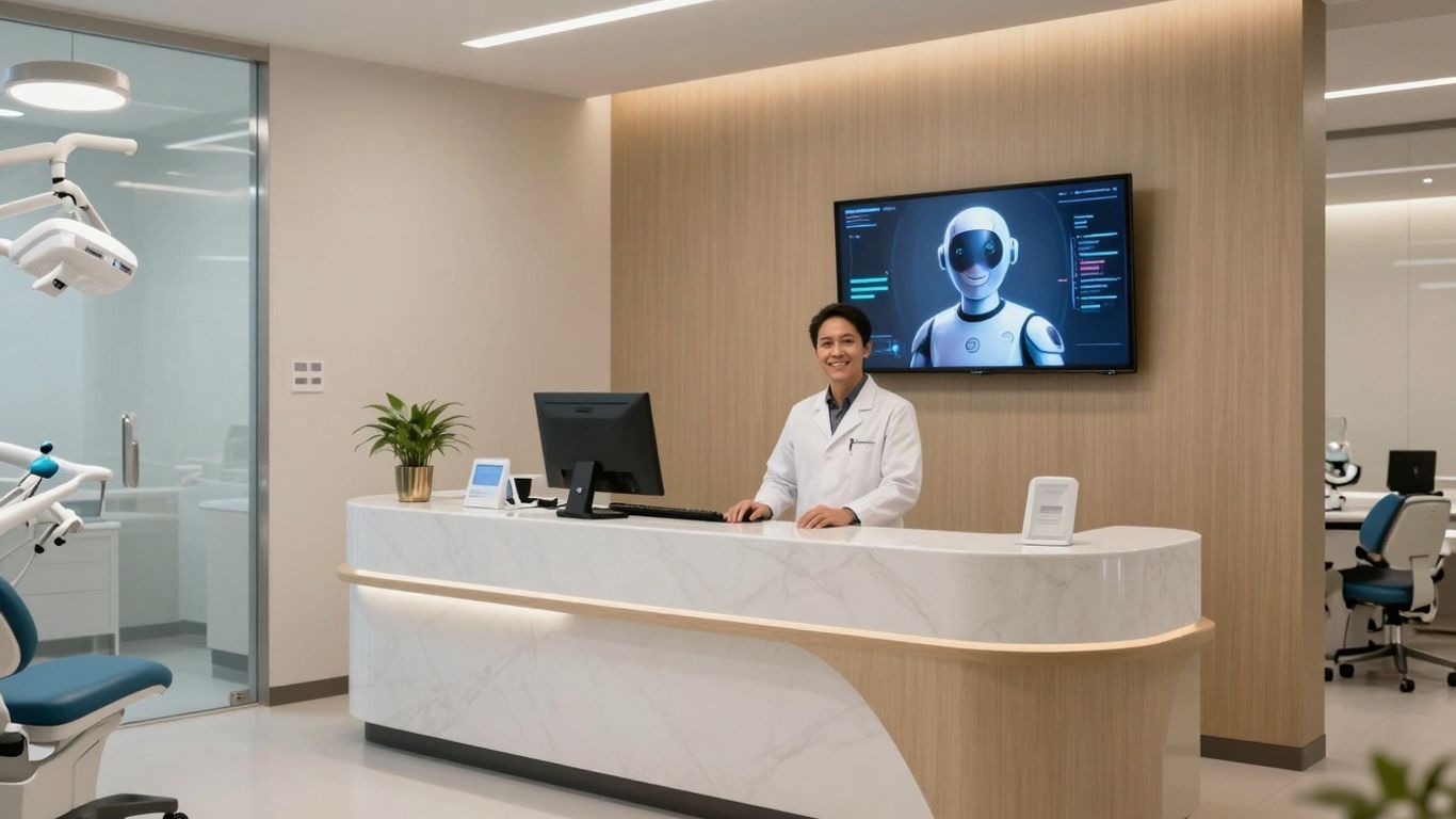AI receptionist assisting patient in a dental office.