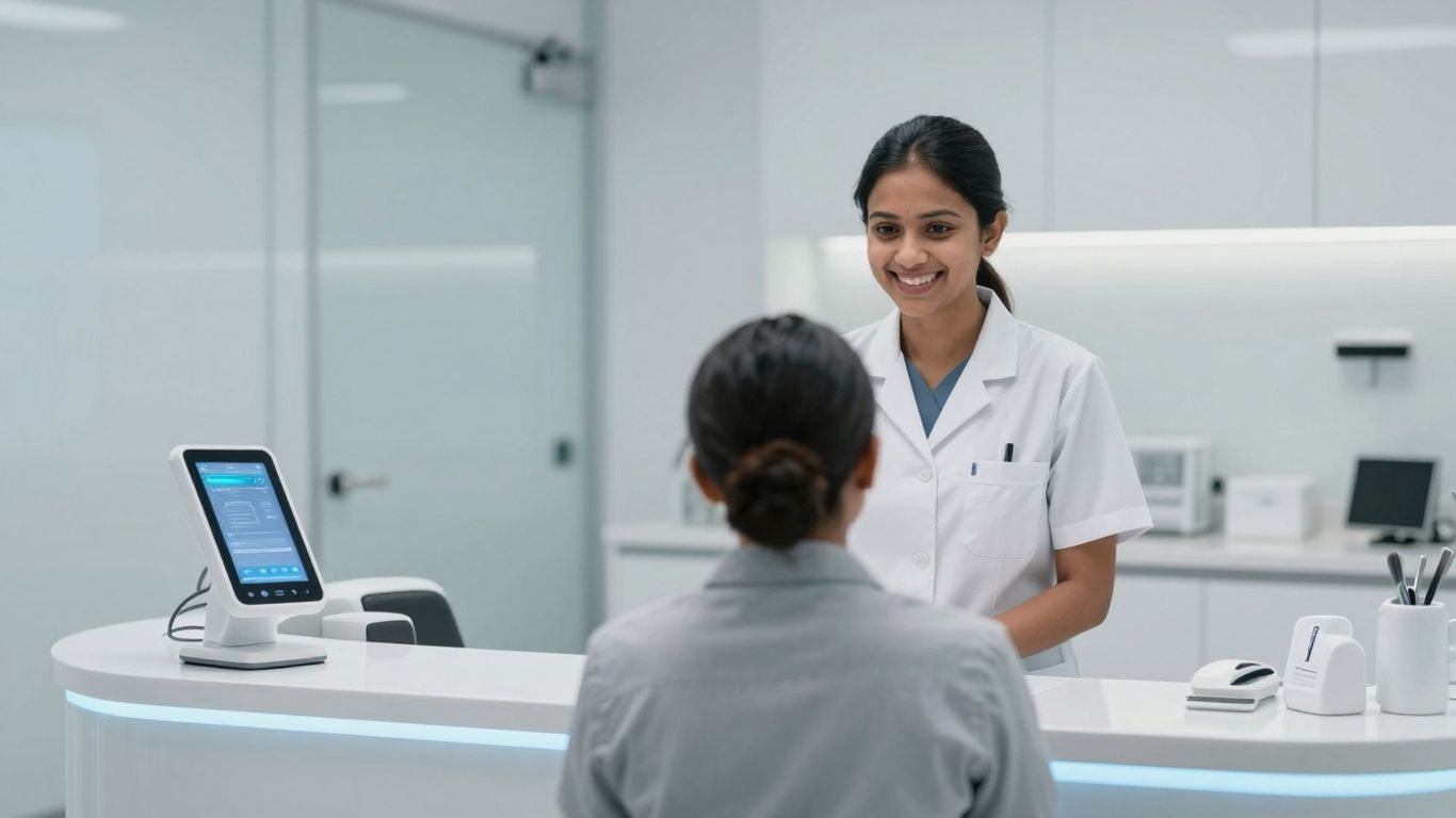 AI dental receptionist assisting a patient in a modern office.