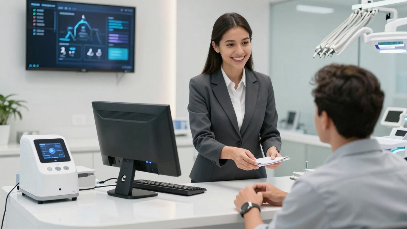 Dental office reception with AI receptionist and patient.
