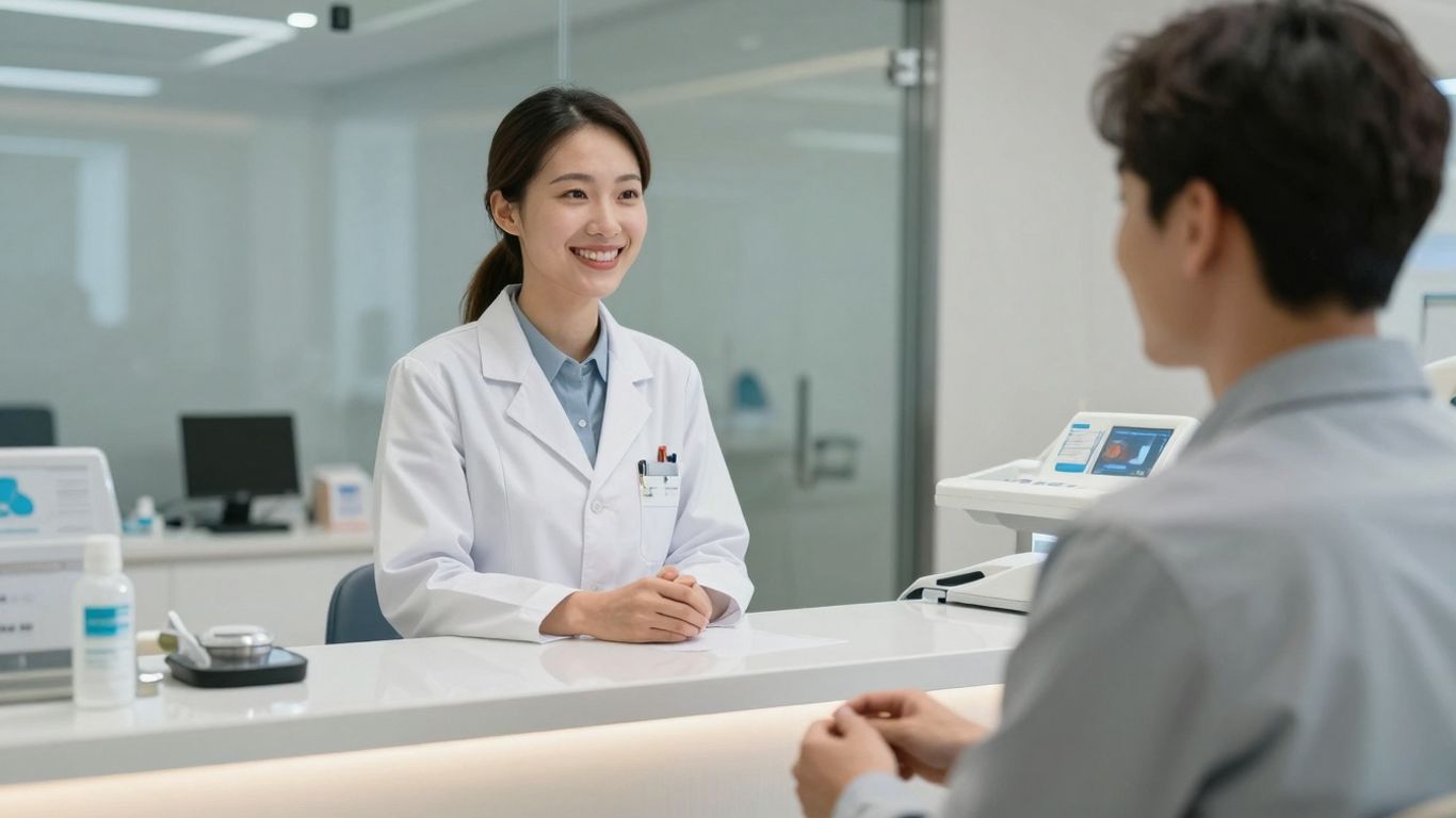 Dental receptionist assisting a happy patient at the counter.