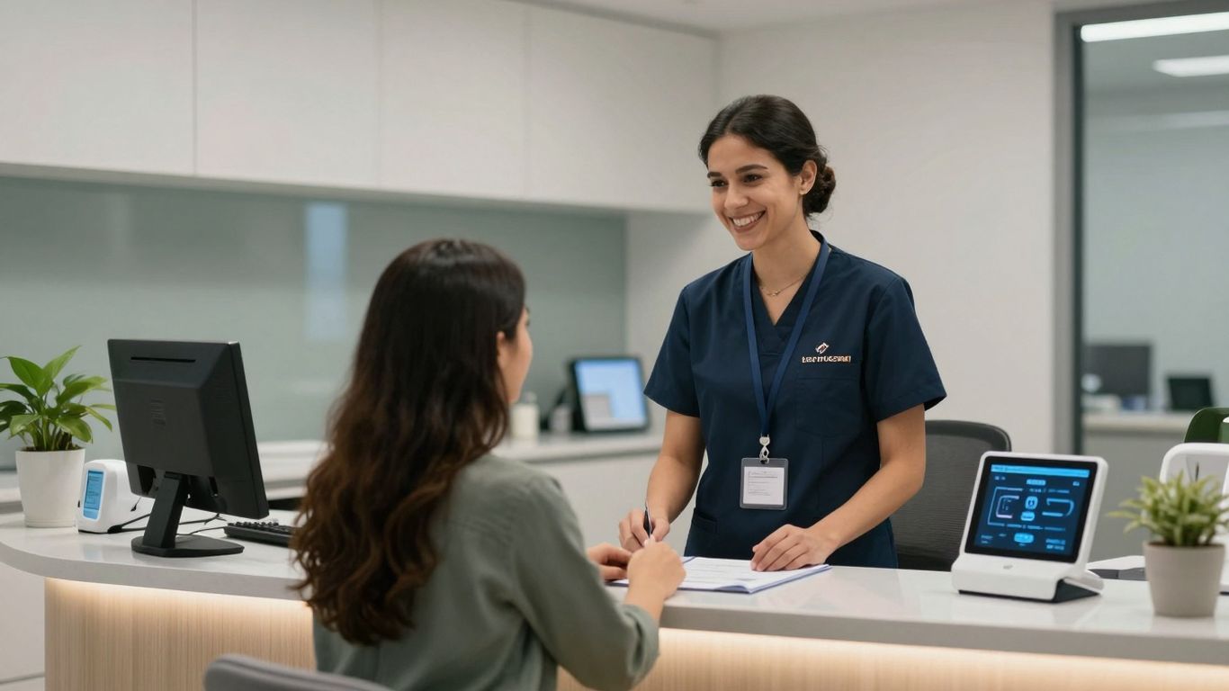 Dental office reception with AI receptionist and patient