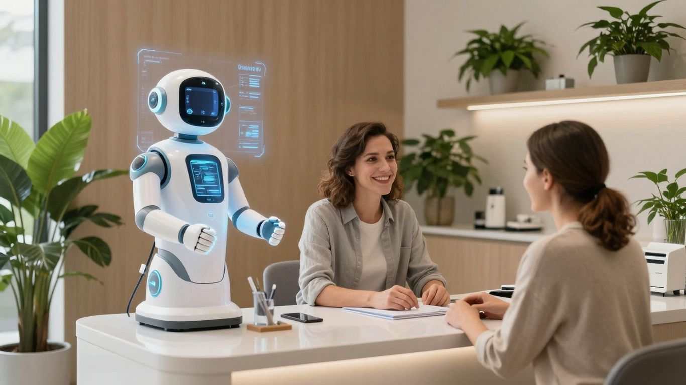 AI receptionist assisting patient in a dental office.