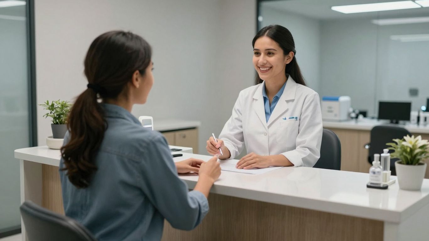 Dental receptionist assisting a patient at the front desk.