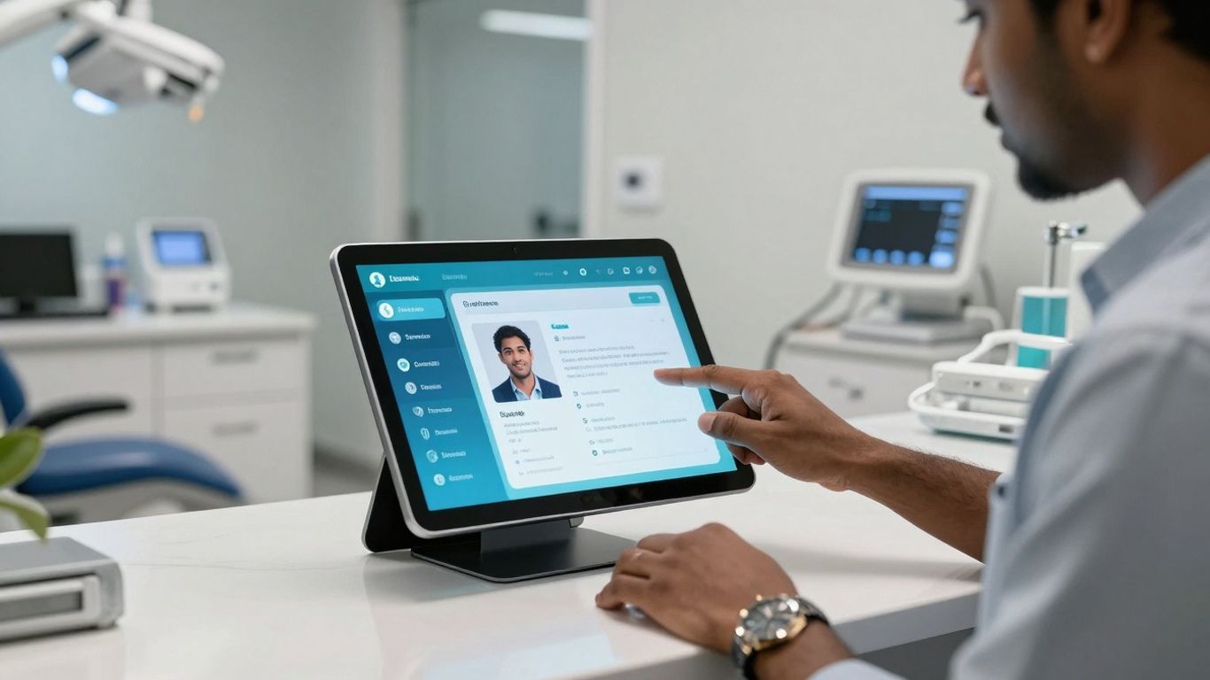 AI receptionist tablet interacting with patient data in a dental office.