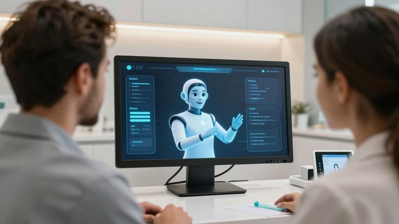 AI receptionist assisting a patient in a dental office.