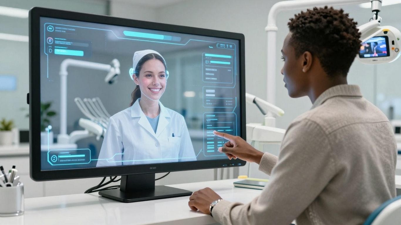 AI receptionist in a modern dental office setting.