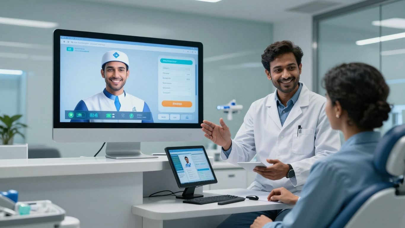 AI receptionist assisting patient digitally in dental office.