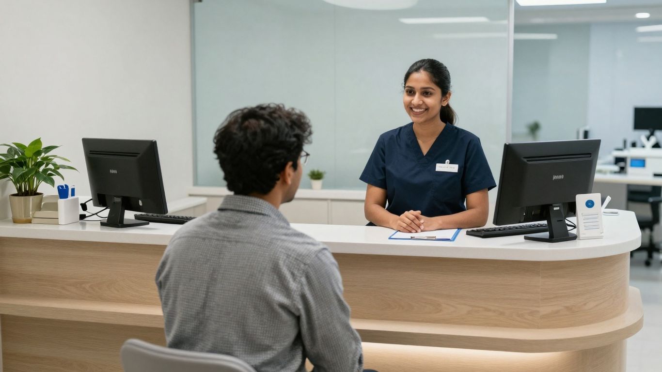 Dental receptionist assisting a patient at the front desk.