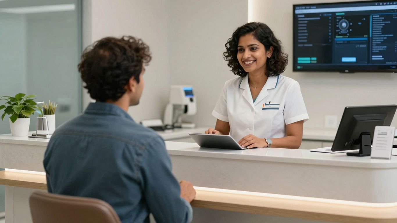 Dental receptionist using AI technology to assist patient.
