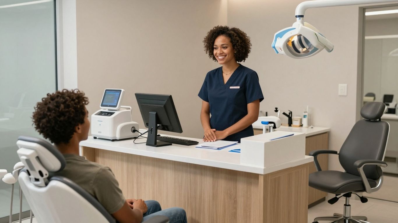 Dental receptionist assisting a patient at the front desk.