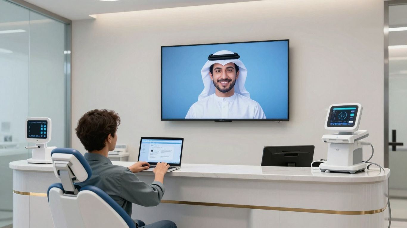 AI receptionist assisting a patient in a dental office.
