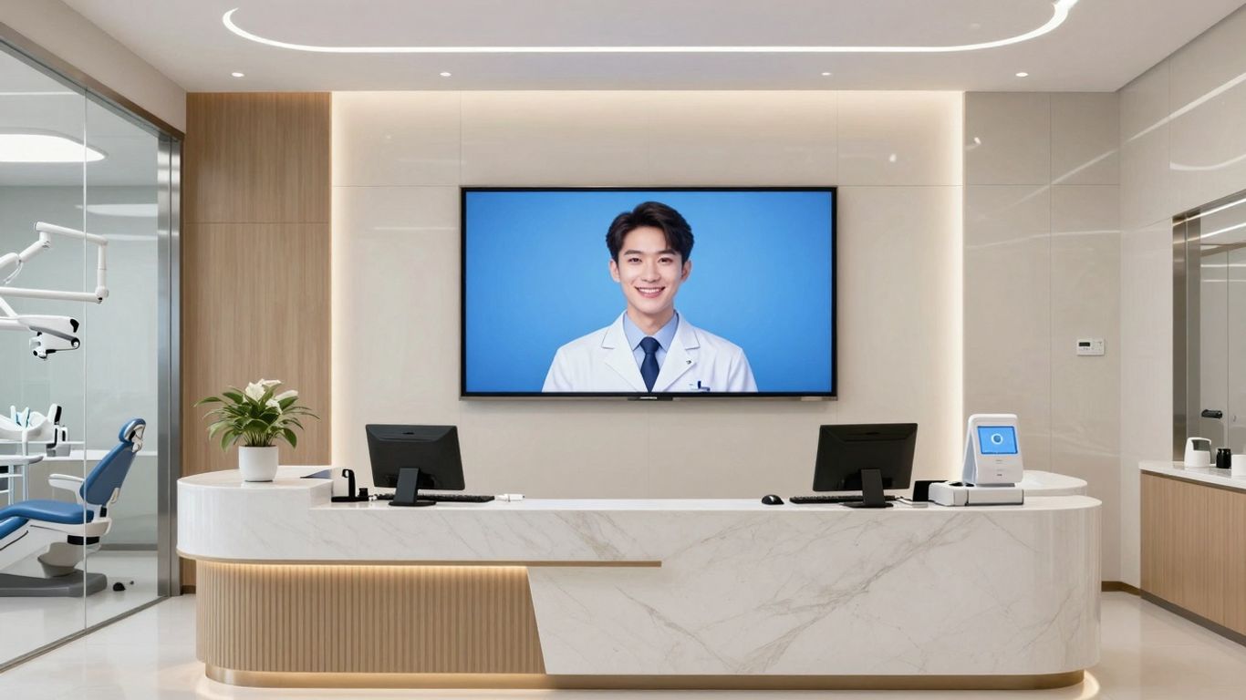 AI receptionist smiling in a modern dental office.