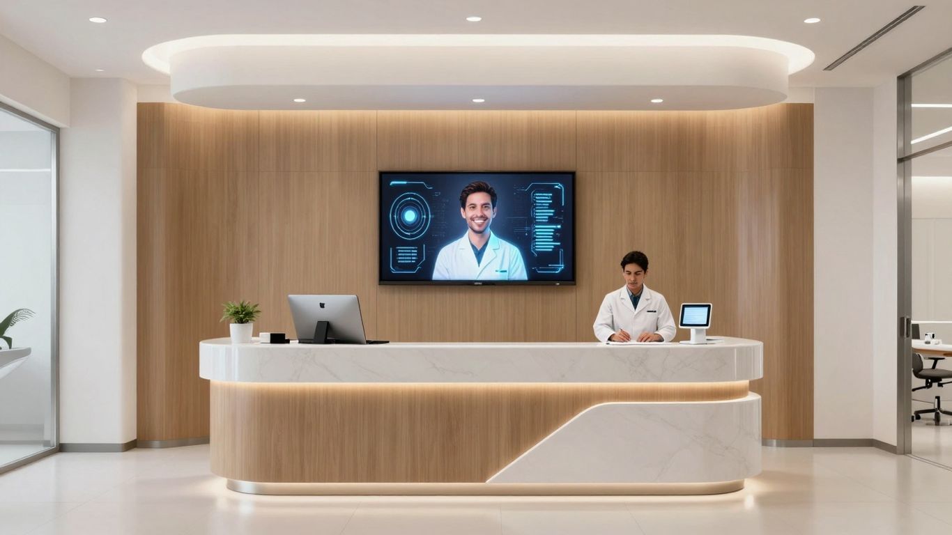 AI receptionist interface in a modern dental office.