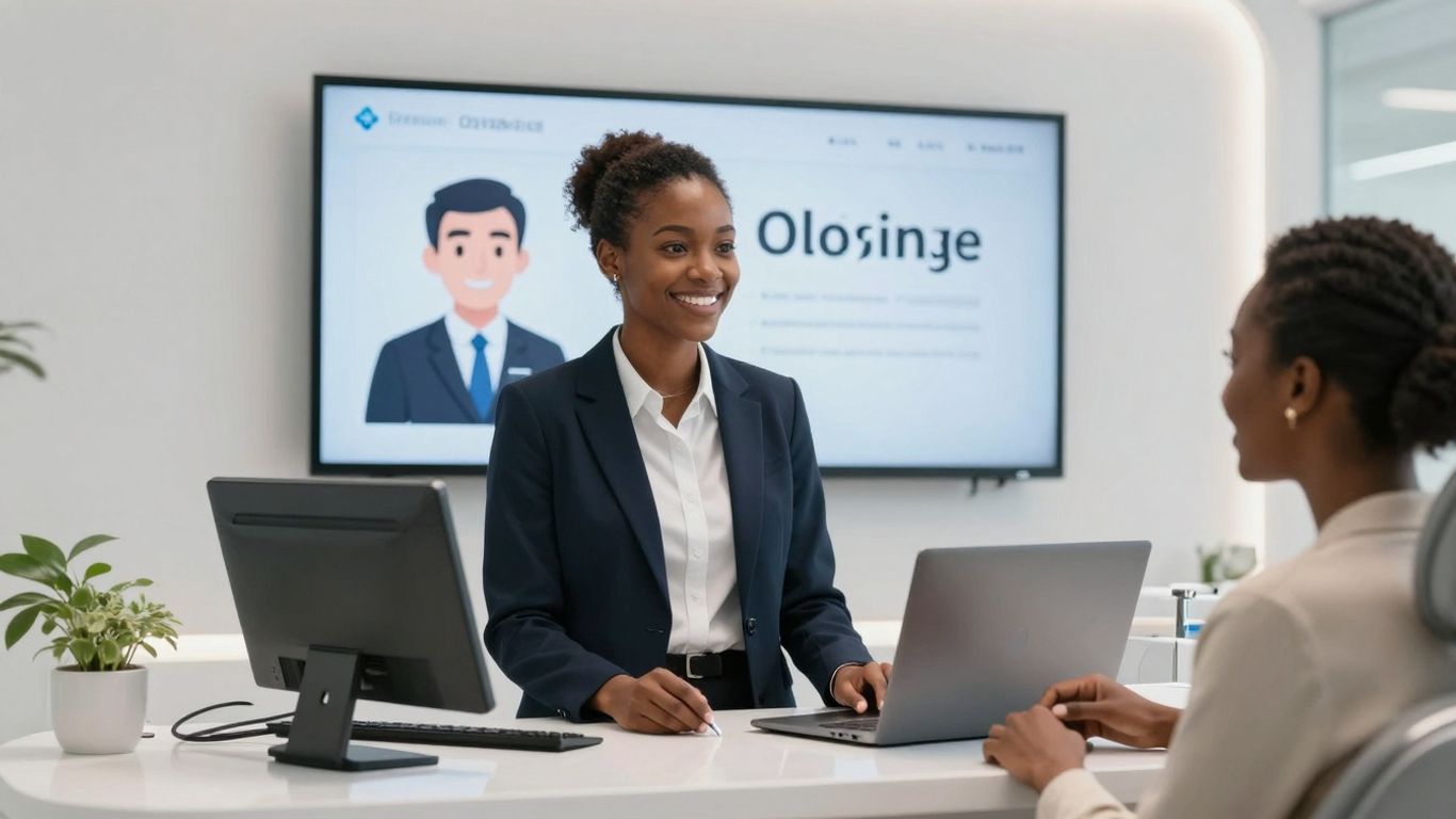 AI receptionist helping a patient in a dental office.