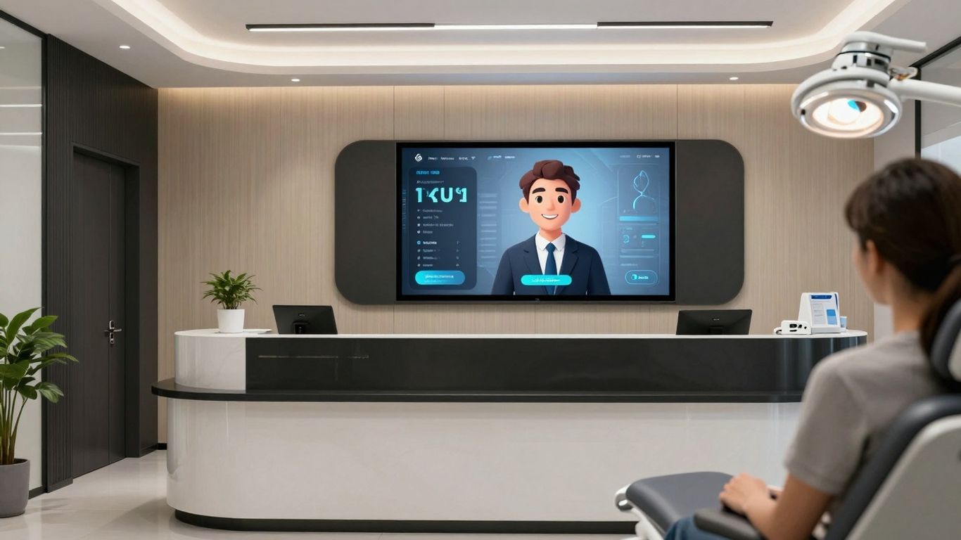 AI receptionist assisting patient in a dental office.