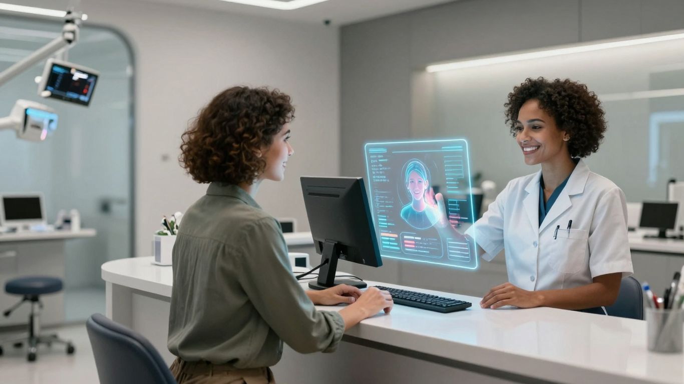 Dental receptionist using AI interface for practice growth.