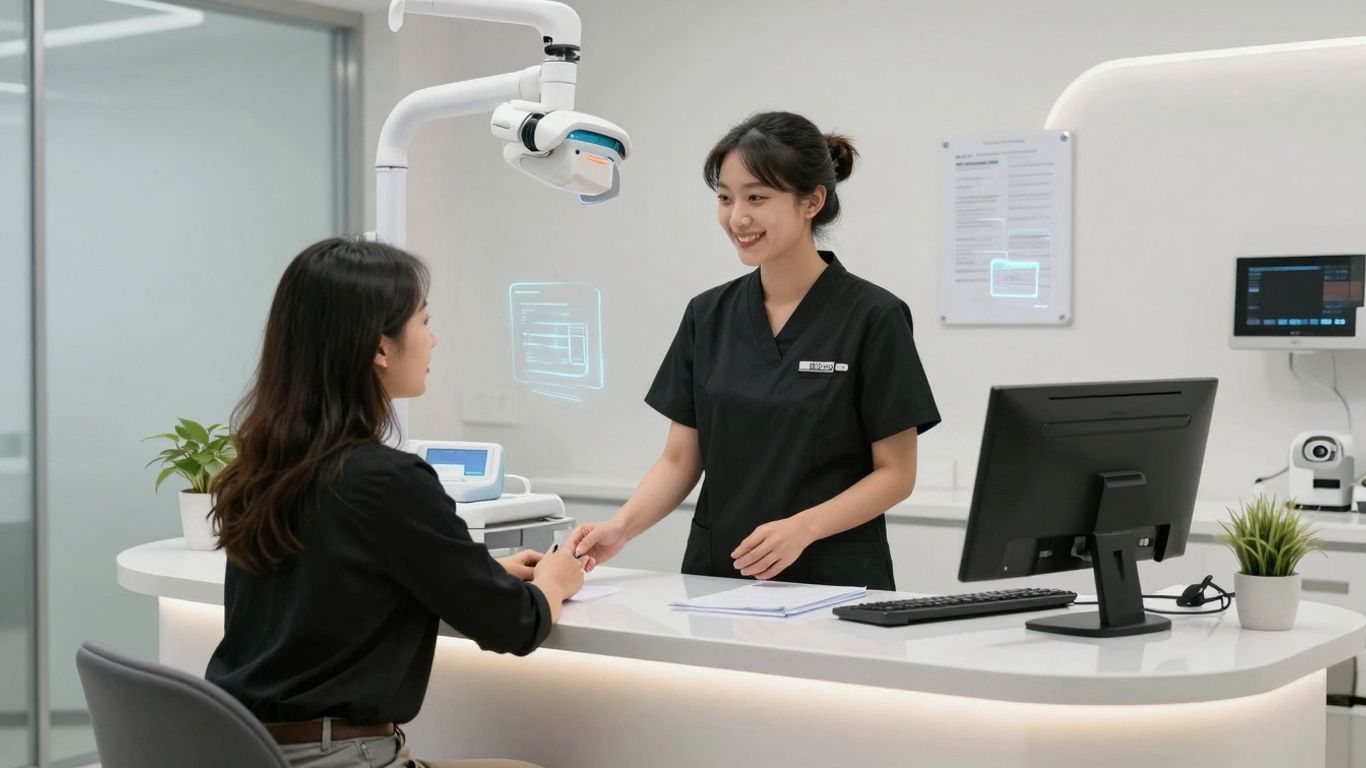 Dental receptionist using AI for patient communication.