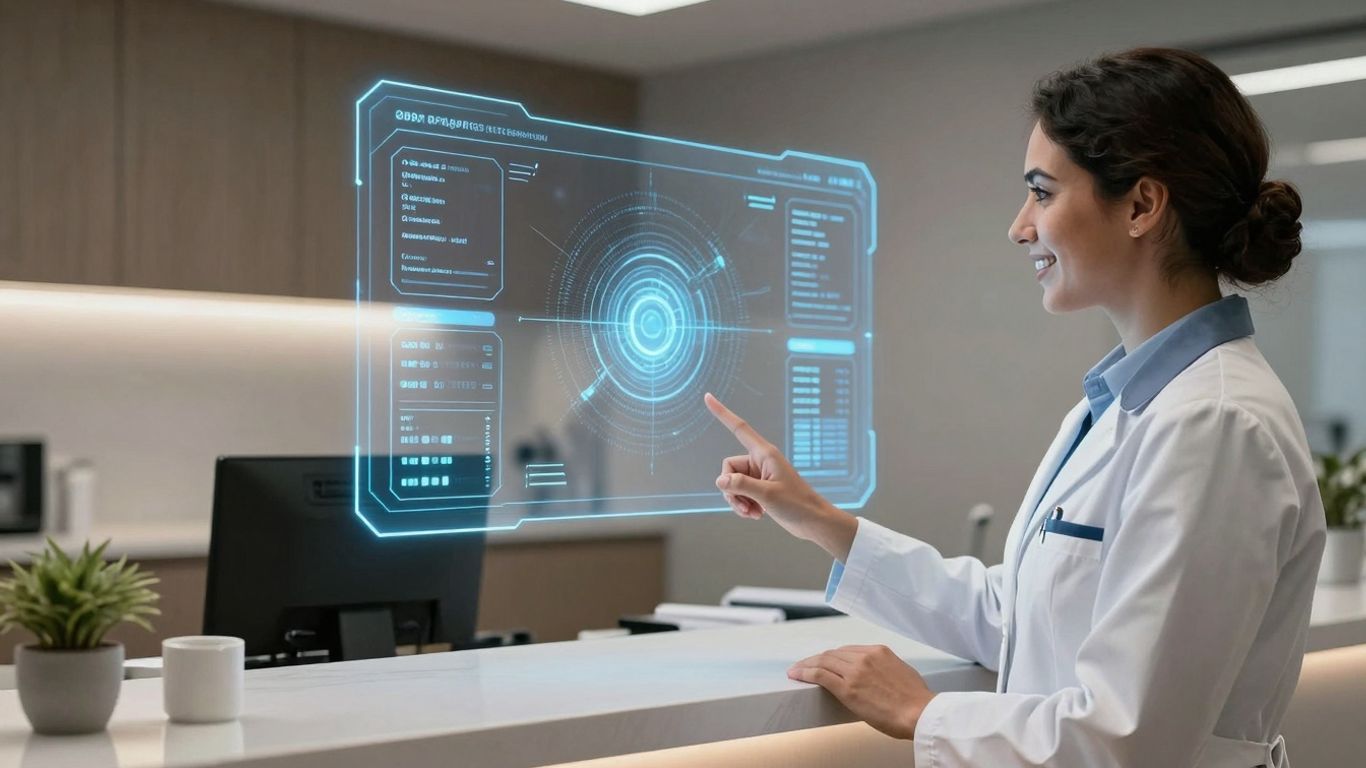 Dental receptionist using AI software on a computer.