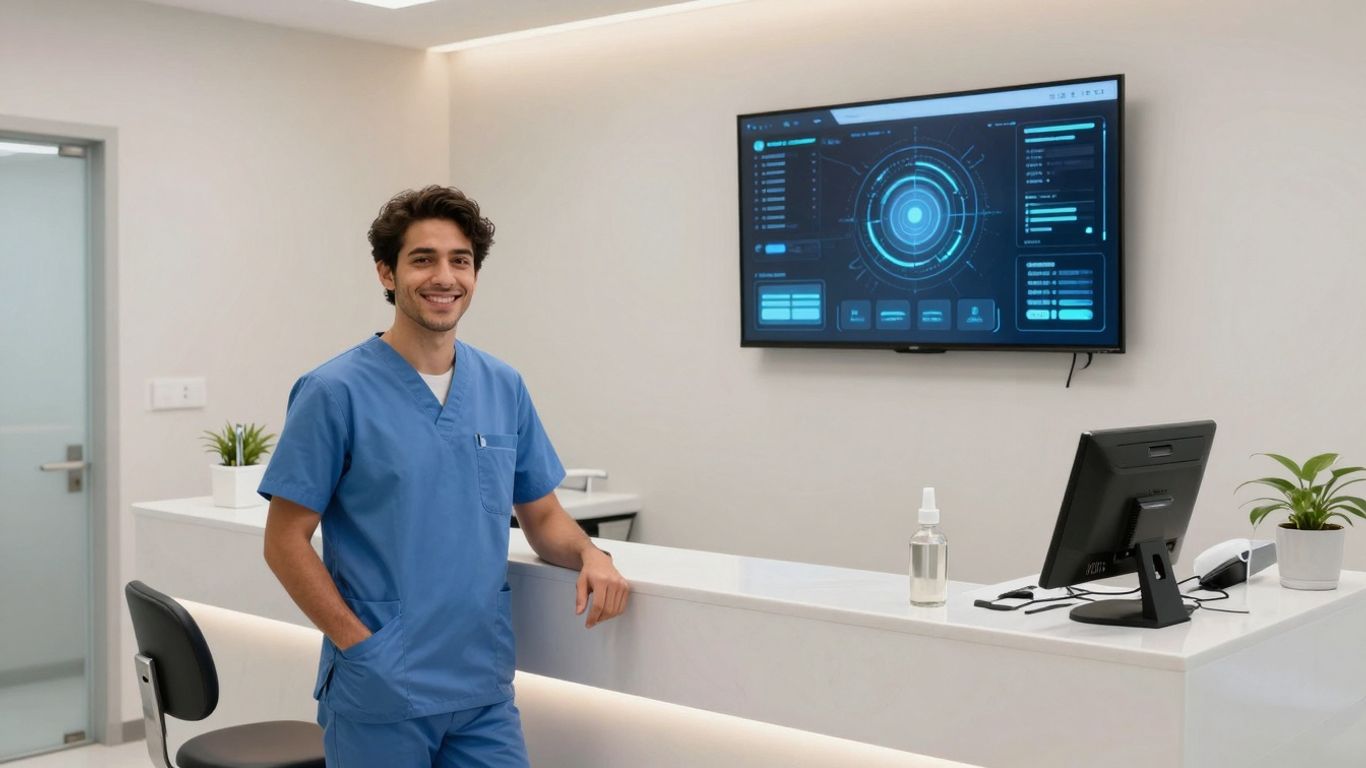 AI receptionist interface in a modern dental office.