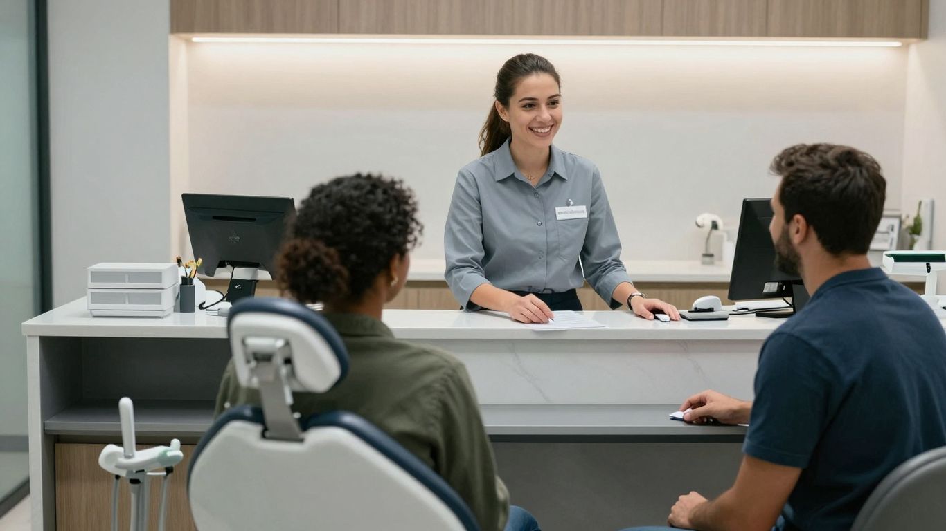 Dental receptionist assisting a patient in a modern office.