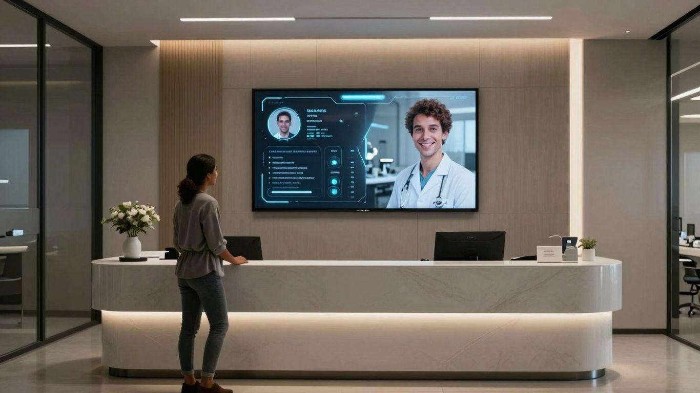 Dental AI receptionist interface in a modern office.