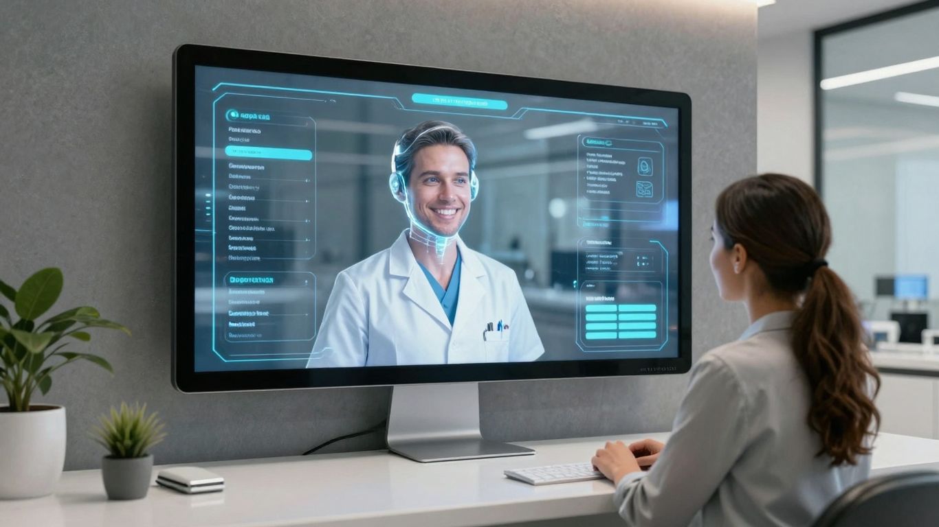AI receptionist interface in a modern dental office.