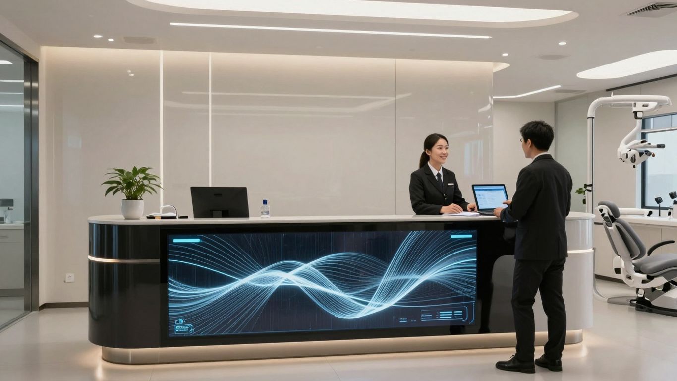 Dental AI receptionist interface in a modern office.