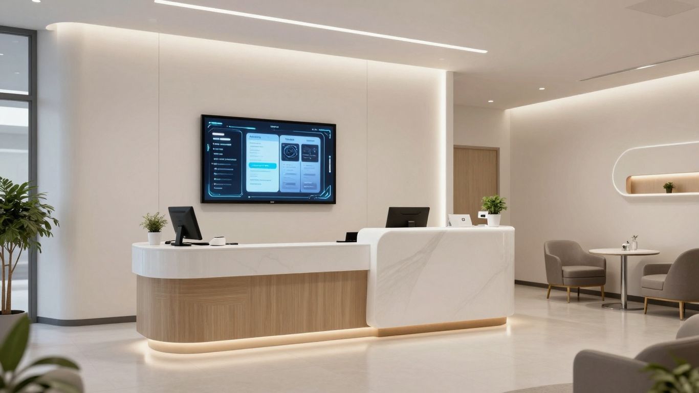 AI receptionist interface in a modern dental office.