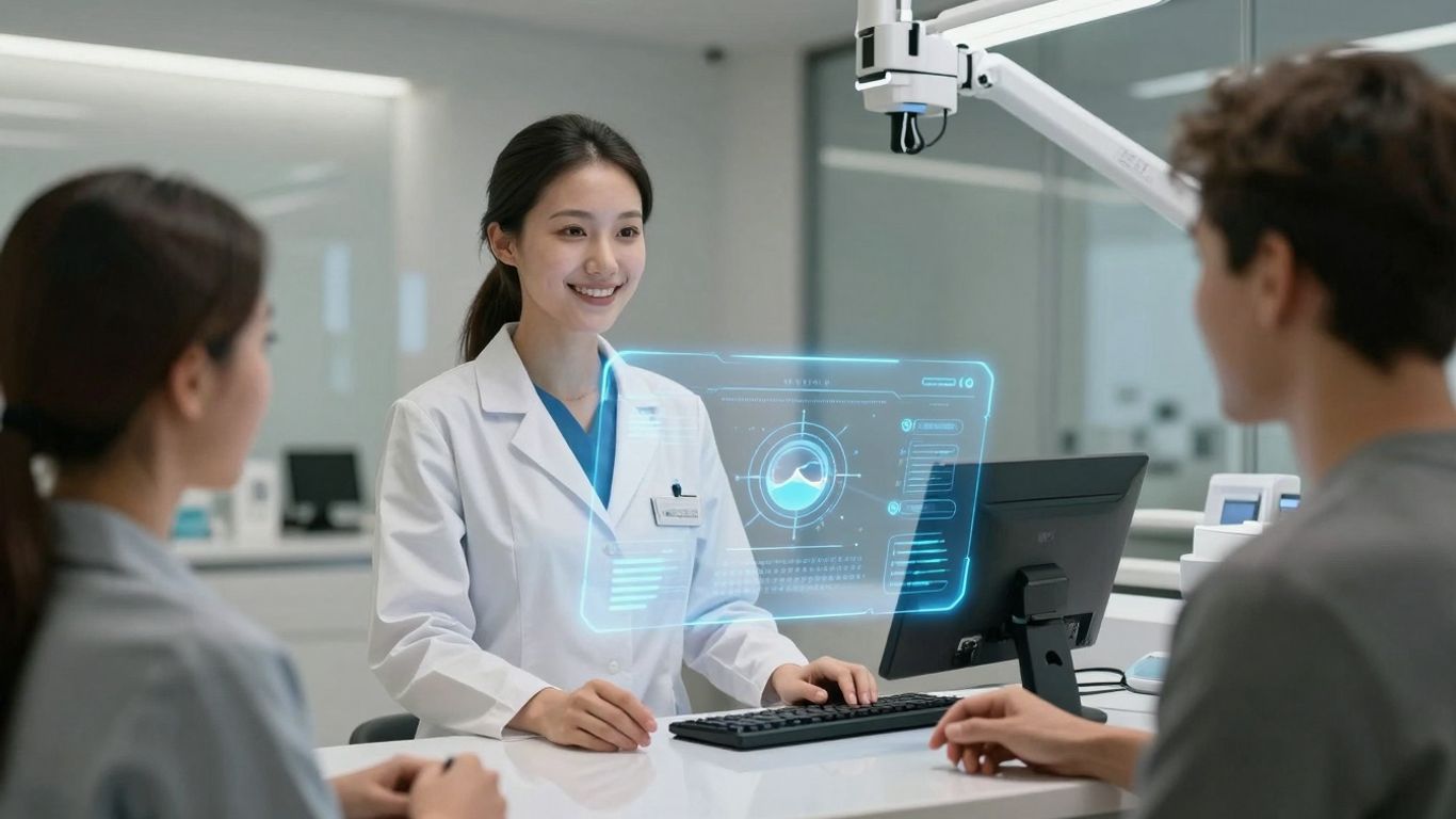 AI receptionist assisting a patient in a dental office.