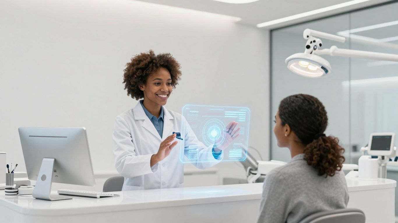 AI receptionist assisting a patient in a dental office.