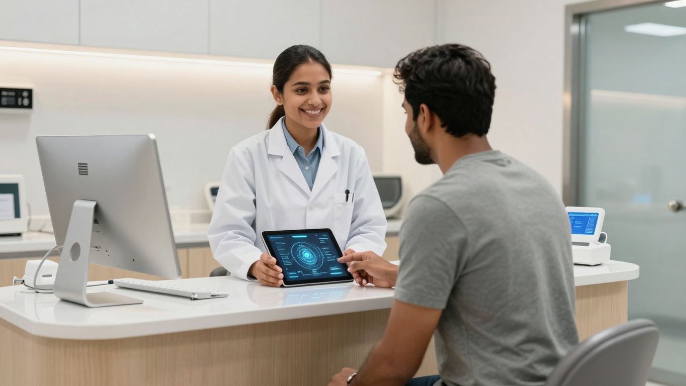 Dentist, patient, and AI interface in a dental office.