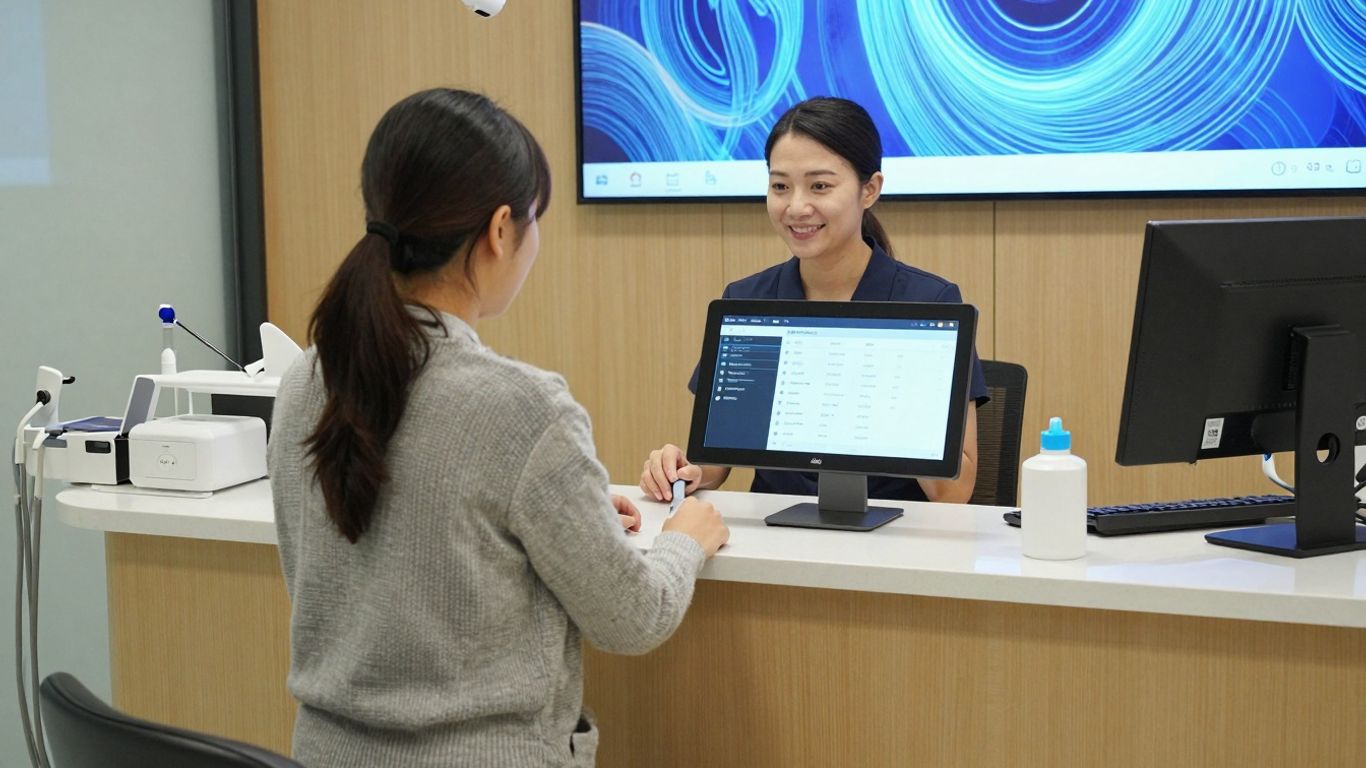 Dental receptionist using AI technology at a modern desk.