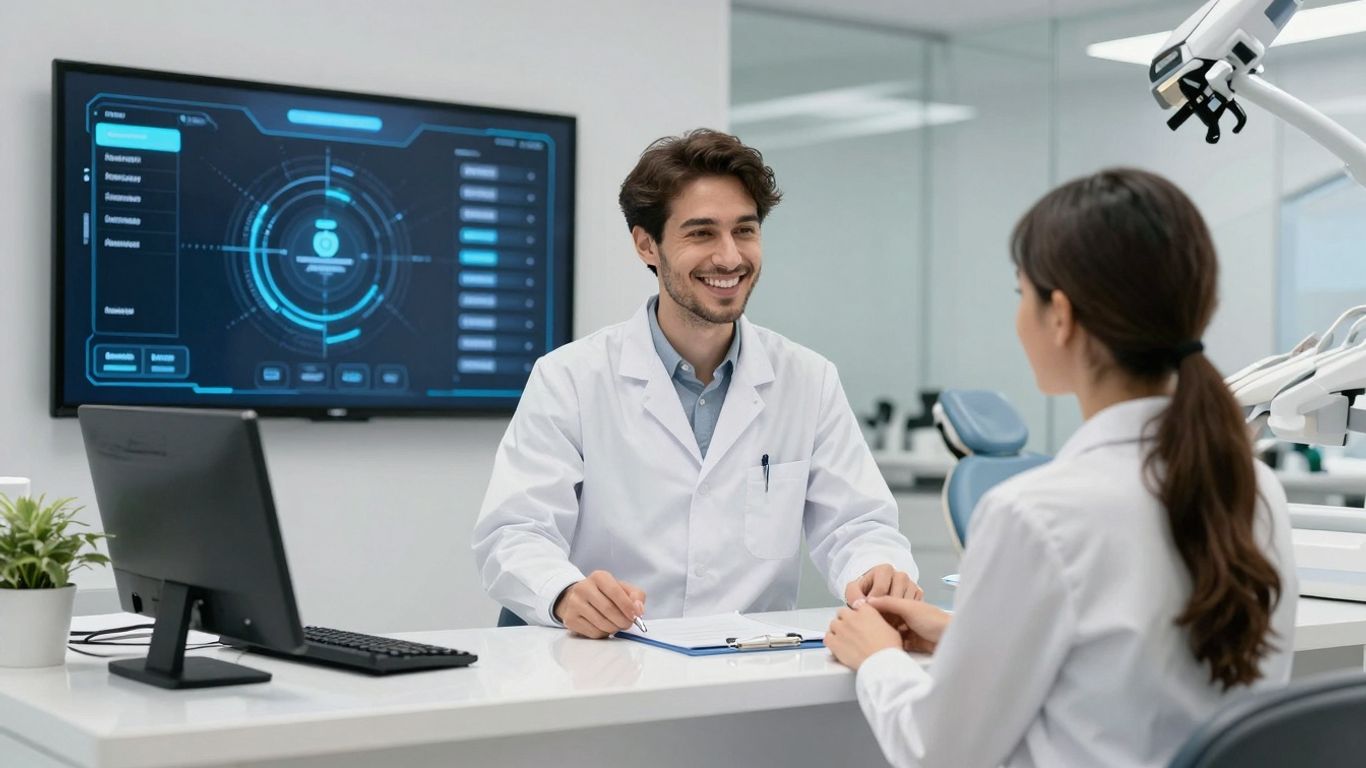 AI receptionist assisting dentist and patient in office.