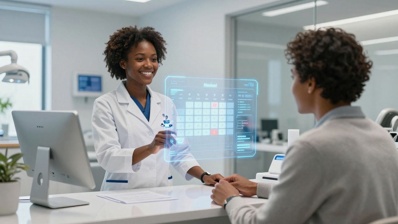 AI receptionist assisting patient in dental office