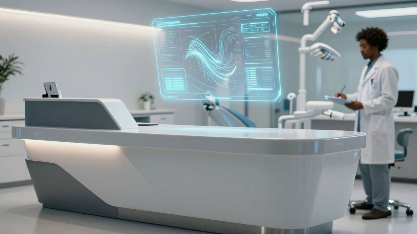 AI receptionist interface in a modern dental office.