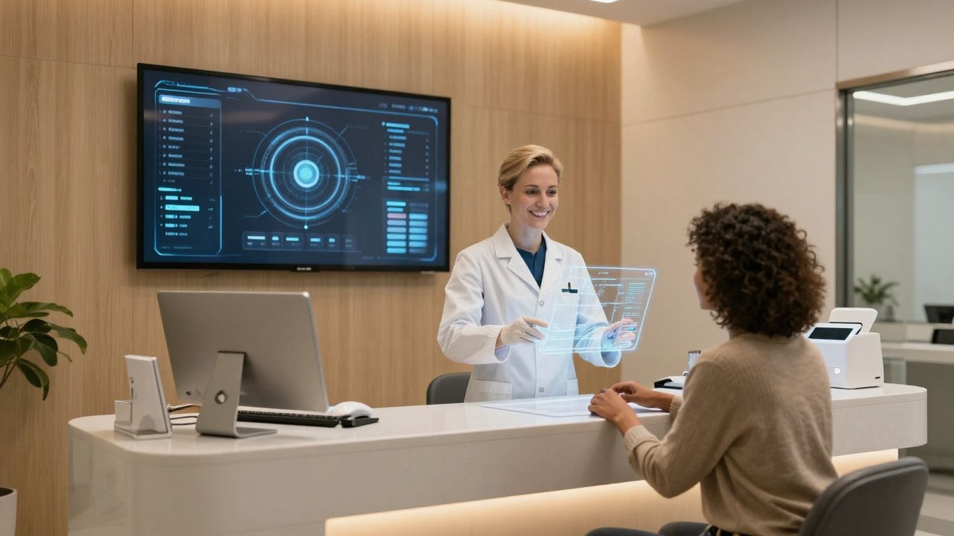 AI dental receptionist assisting a patient in a modern office.