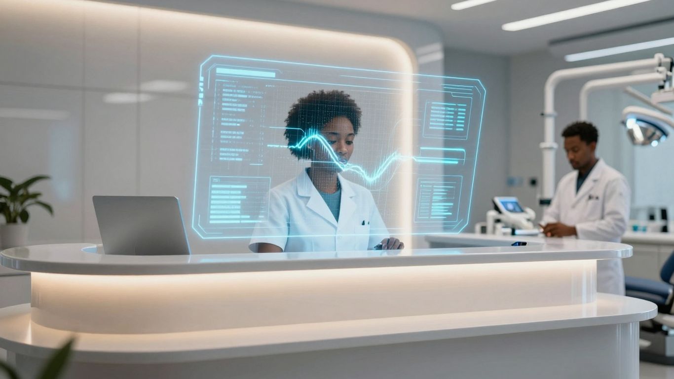 AI dental receptionist interface in a modern clinic.