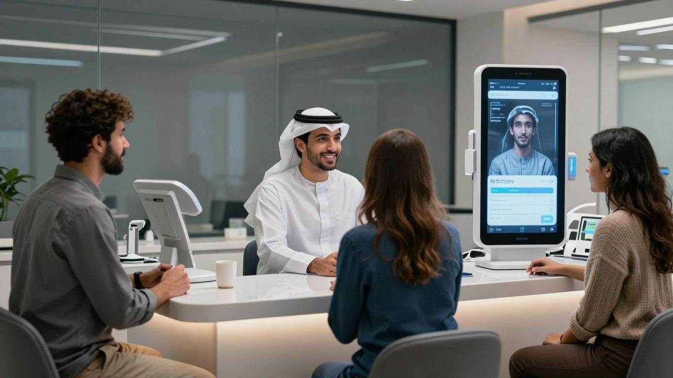 AI receptionist assisting diverse patients in a modern dental office.