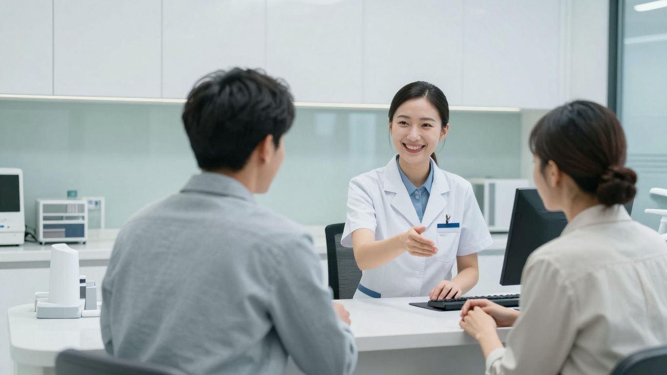 Dental receptionist assisting a patient with AI technology.