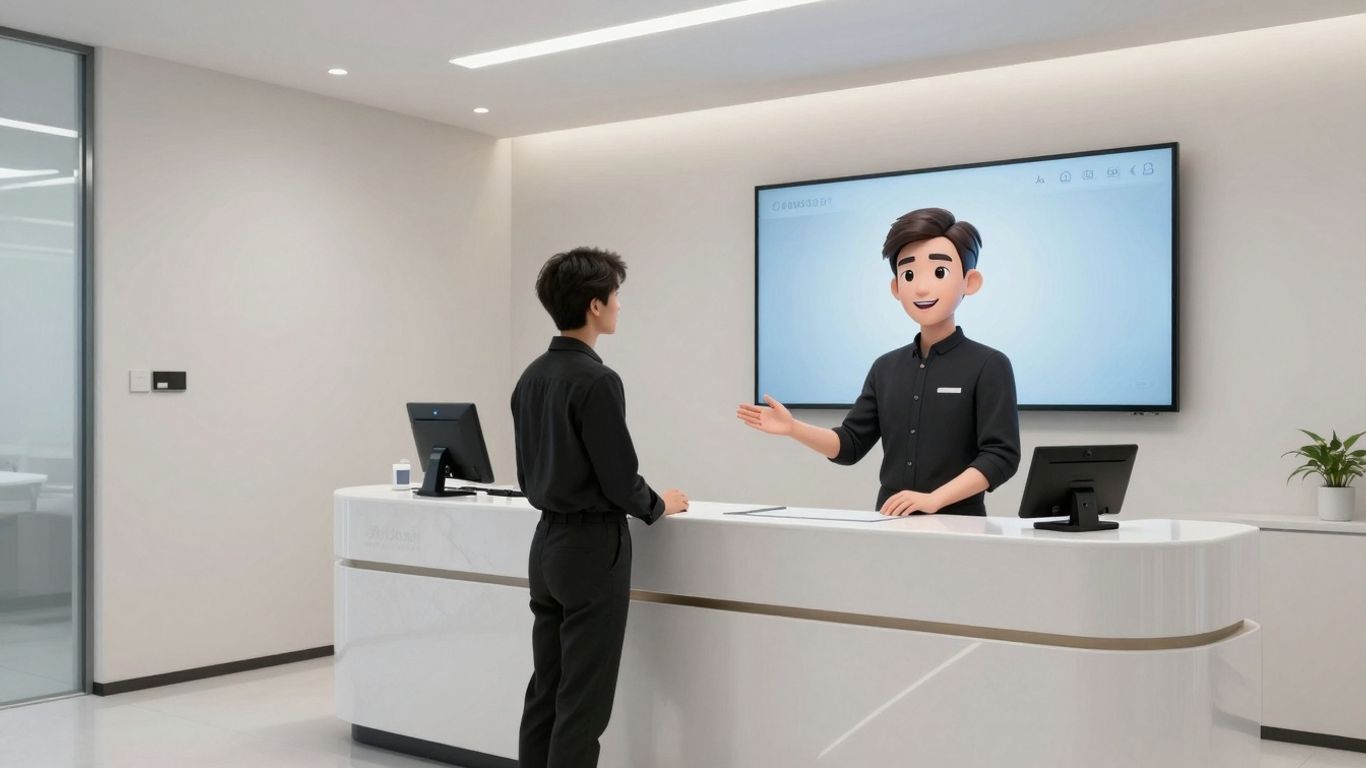 AI receptionist assisting patient in a dental office.