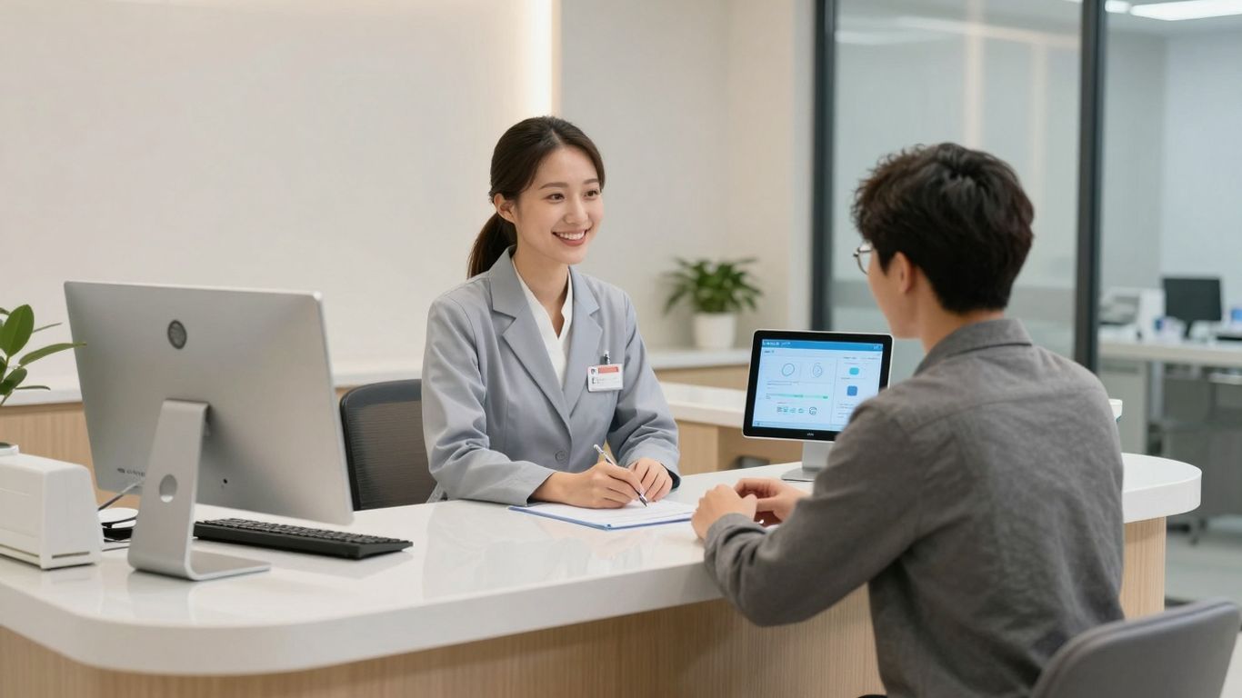 Dental receptionist assisting a patient at the front desk.