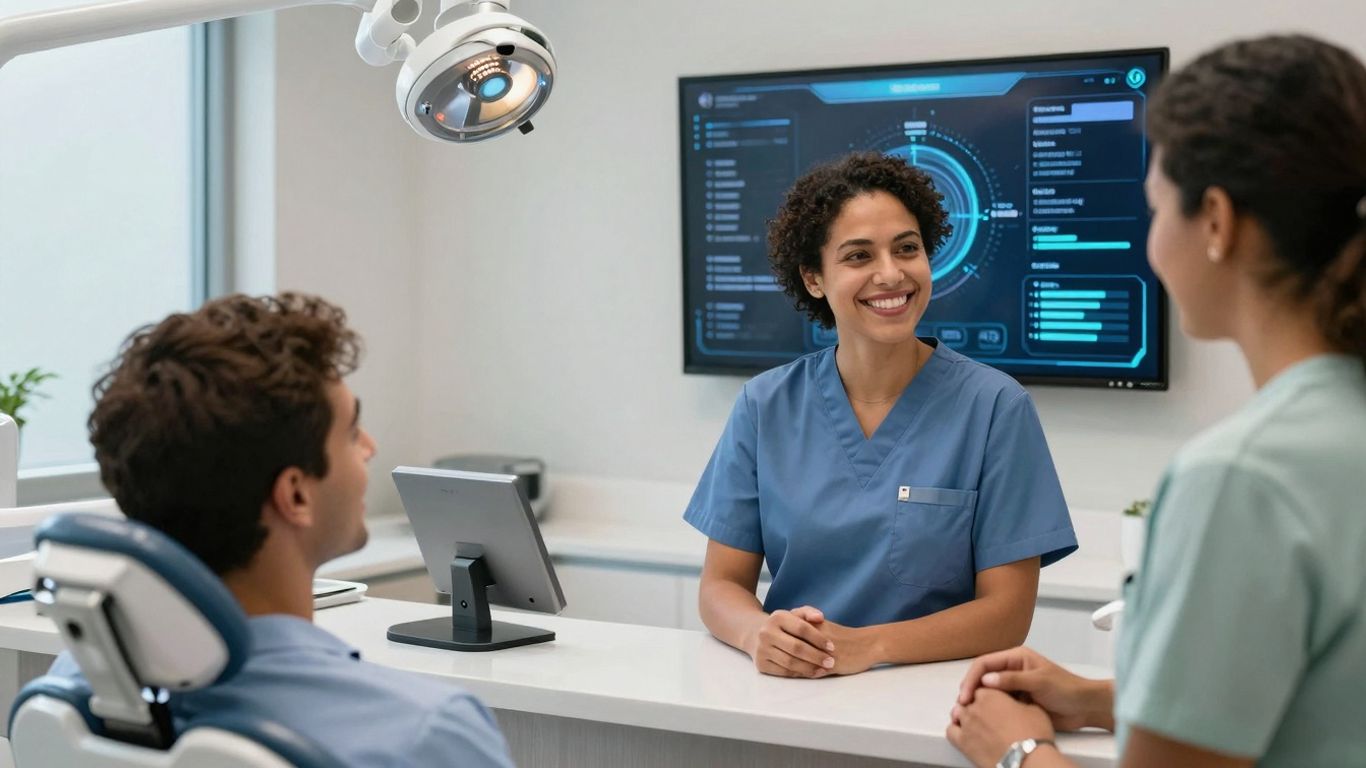 AI dental receptionist assisting a patient in a modern office.