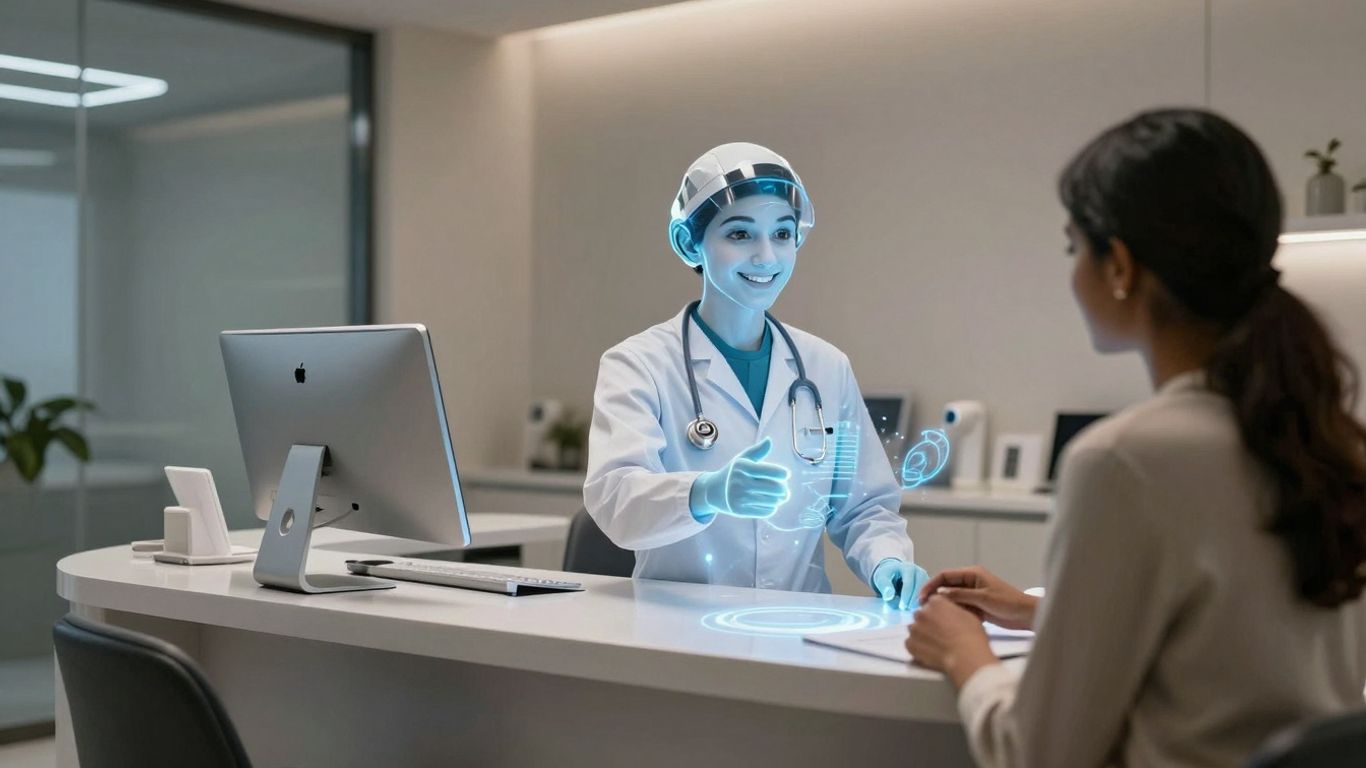 AI receptionist interface in a modern dental office.