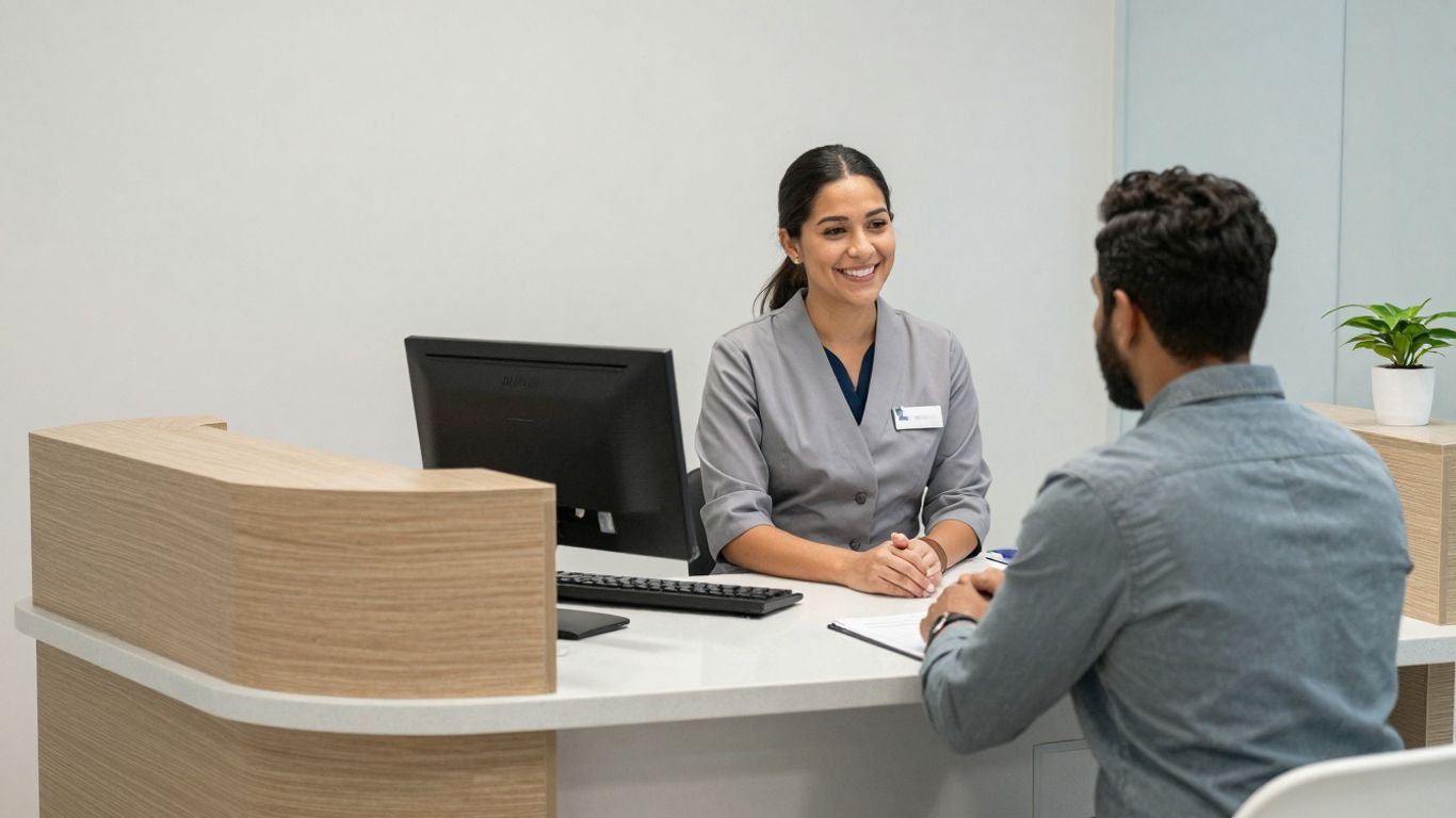 Dentist receptionist assisting a patient at the front desk.