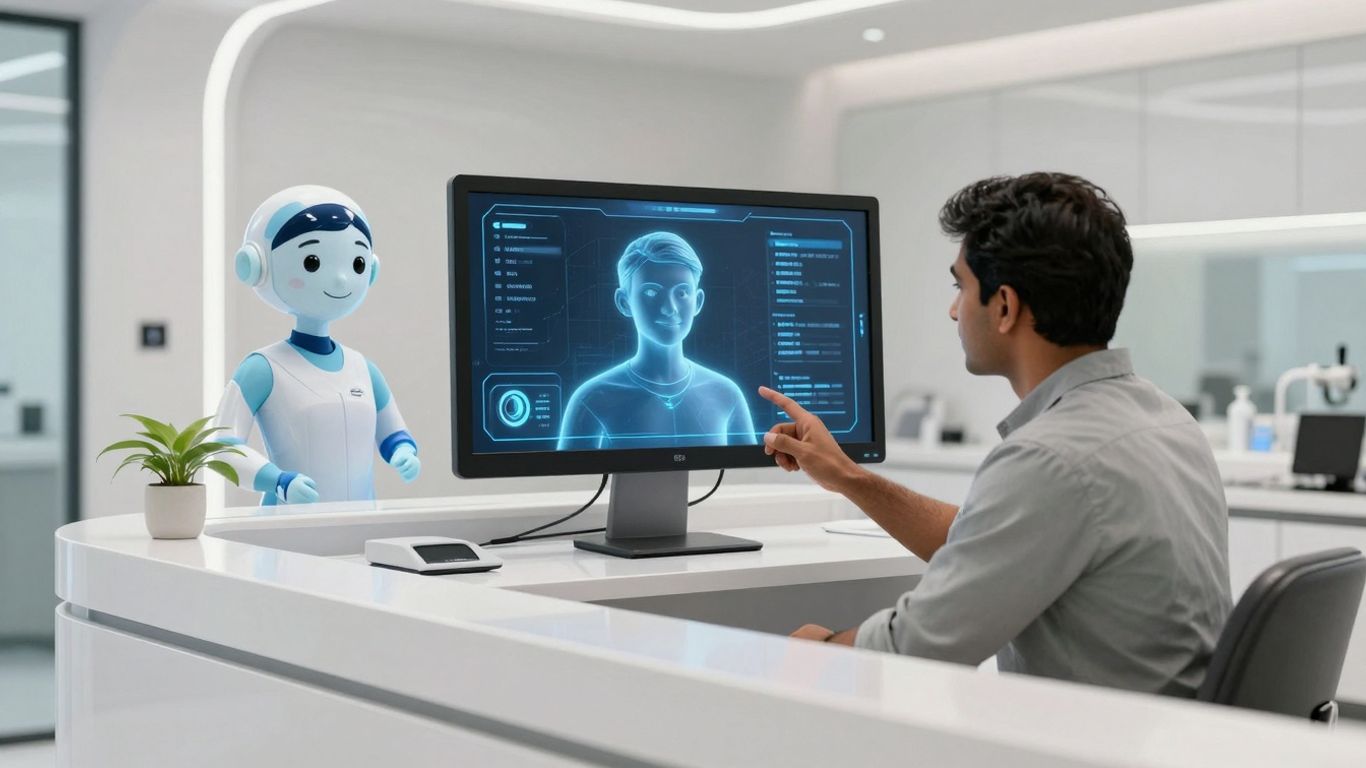 AI dental receptionist interface in a modern clinic.